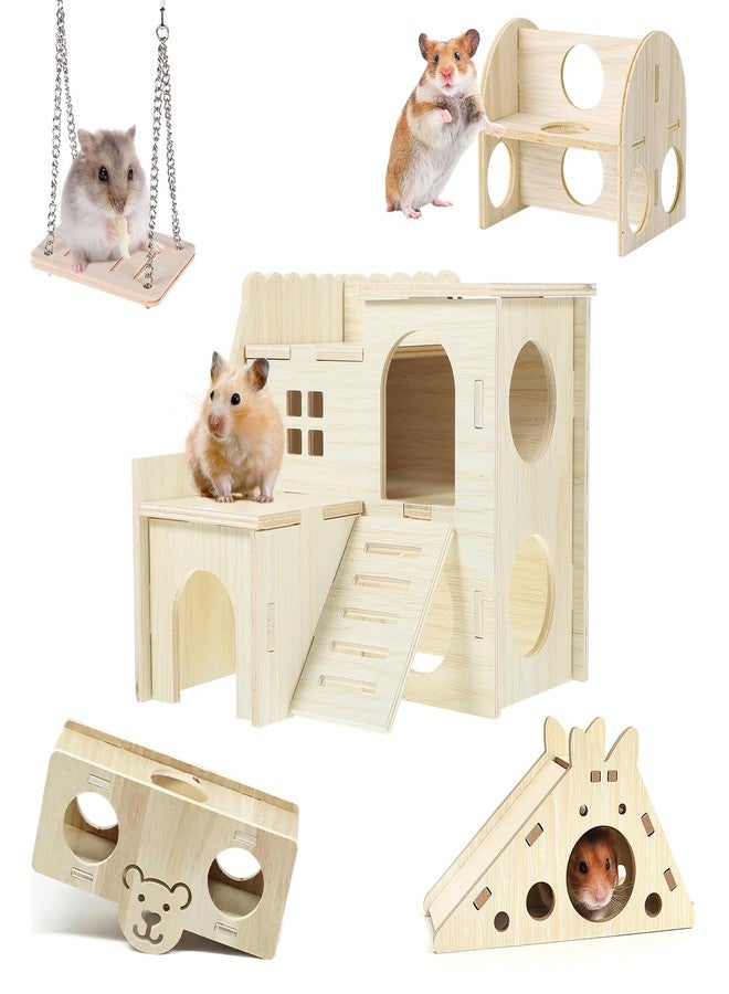 DINTSTYLE Hamster Toys 5-Piece Set ，Hamster House, Swing, Climbing Ladder, Seesaw & Exercise Wheel，Pet DIY Sport Exercise Toys Set, Small Animal Habitat Accessories ，Gerbils, Mice（Natural Wood） - Image 1